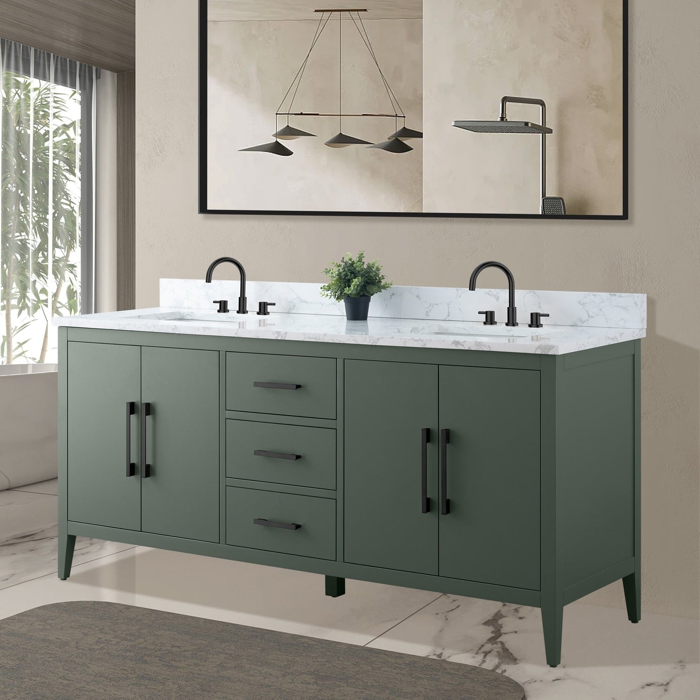 Meuble-lavabo de salle de bain Art 72 avec double lavabo et dessus en marbre synthétique.