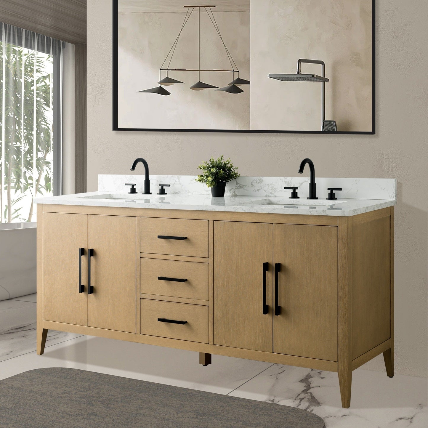 Meuble-lavabo de salle de bain Art 72 avec double lavabo et dessus en marbre synthétique.