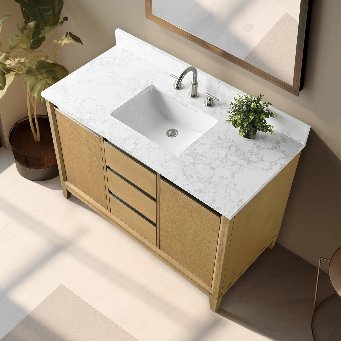 Meuble-lavabo Vanity Art avec lavabo en céramique et plan de travail en marbre composite.