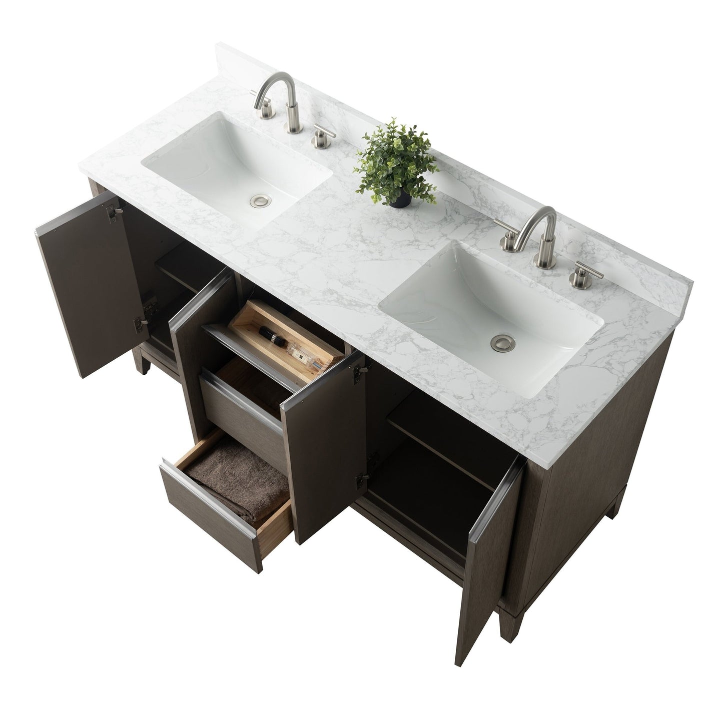 Meuble-lavabo Vanity Art avec lavabo en céramique et plan de travail en marbre composite.