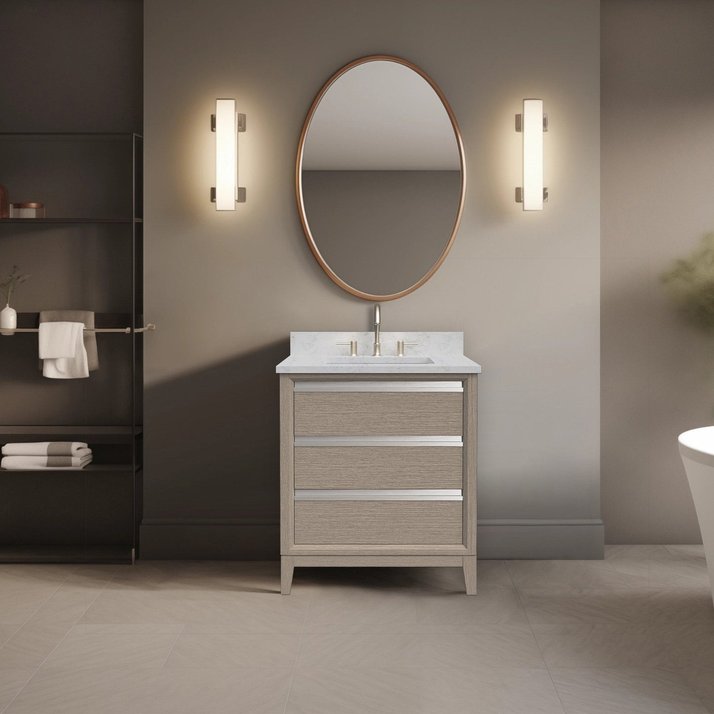 Meuble-lavabo Vanity Art avec lavabo en céramique et plan de travail en marbre composite.