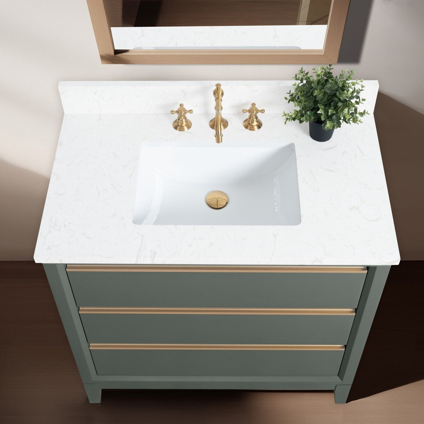 Meuble-lavabo Vanity Art avec lavabo en céramique et plan de travail en marbre composite.