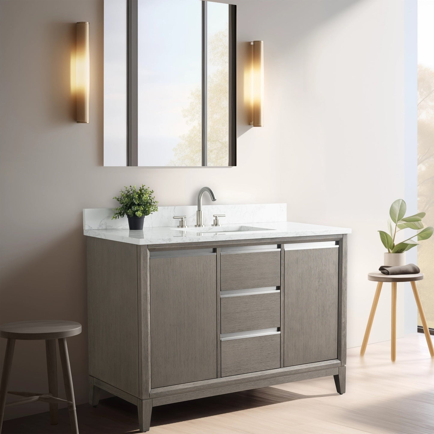 Meuble-lavabo Vanity Art avec lavabo en céramique et plan de travail en marbre composite.