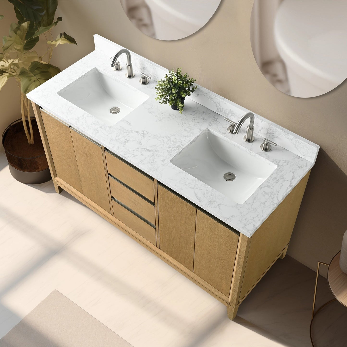 Meuble-lavabo Vanity Art avec lavabo en céramique et plan de travail en marbre composite.