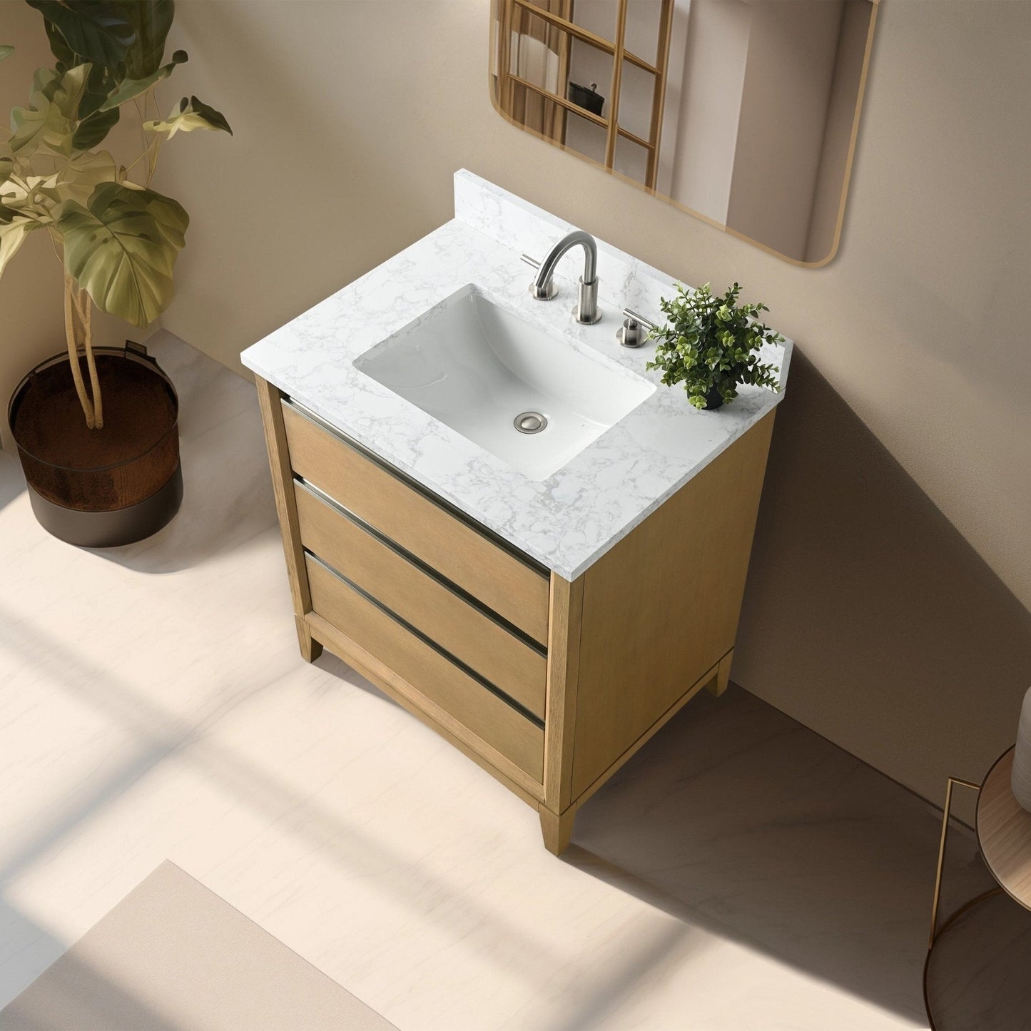 Meuble-lavabo Vanity Art avec lavabo en céramique et plan de travail en marbre composite.
