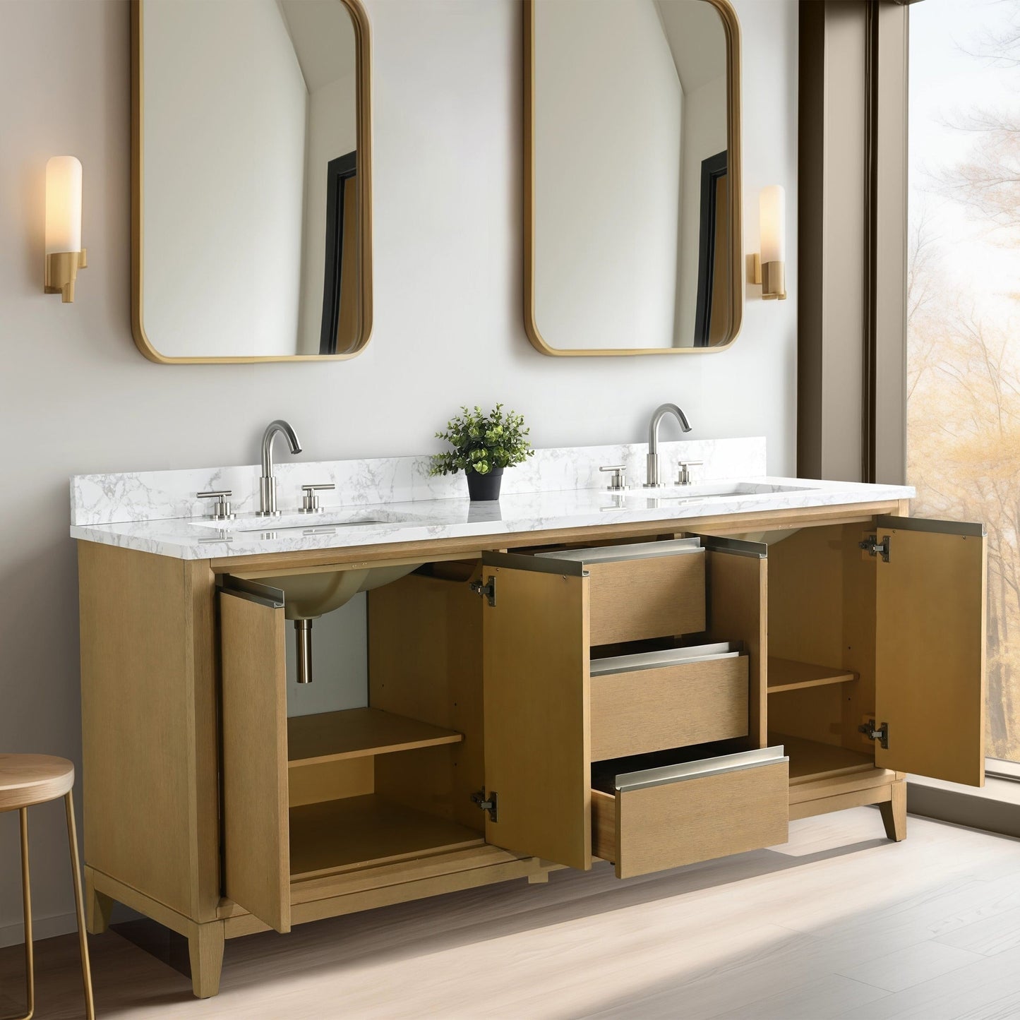 Meuble-lavabo Vanity Art avec lavabo en céramique et plan de travail en marbre composite.