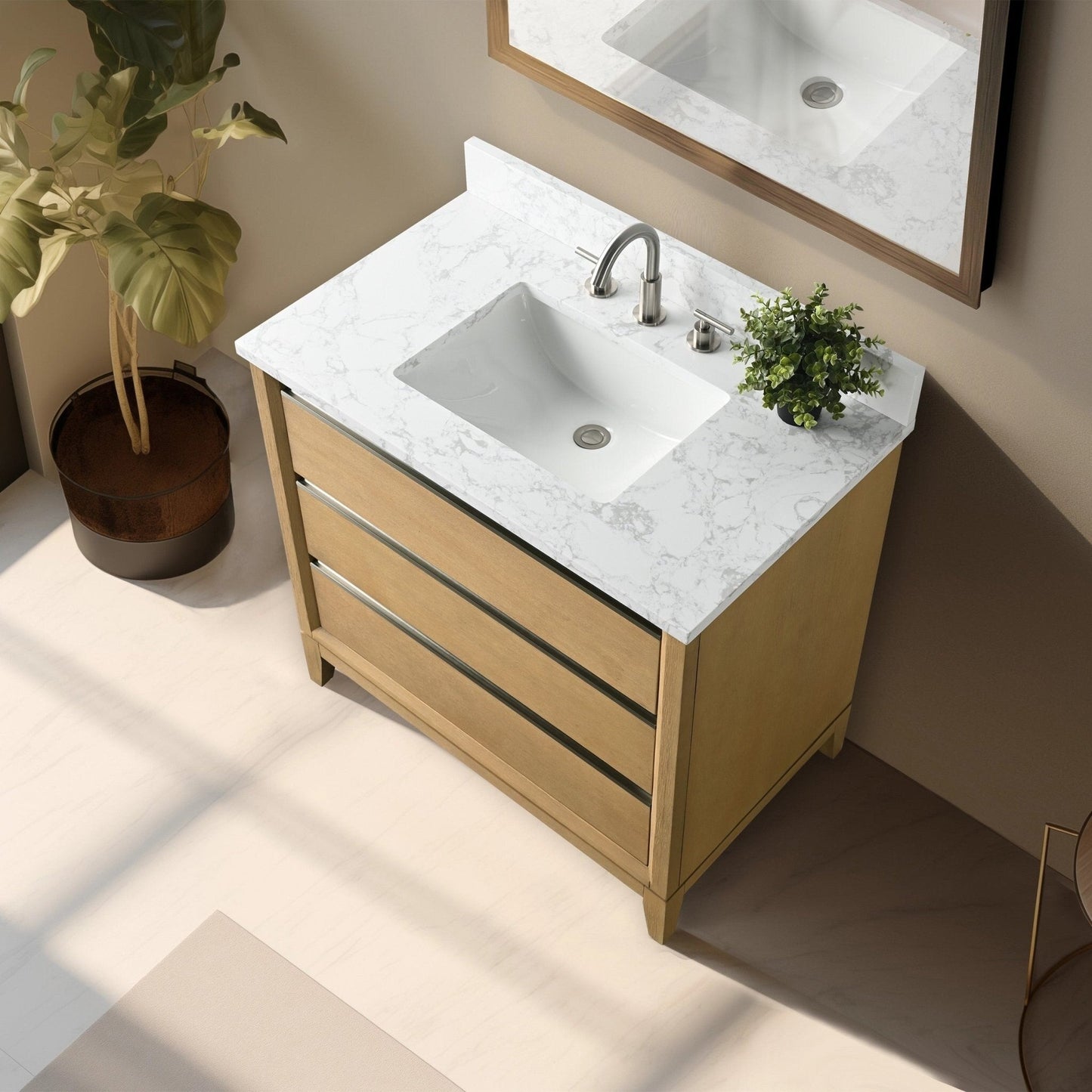 Meuble-lavabo Vanity Art avec lavabo en céramique et plan de travail en marbre composite.