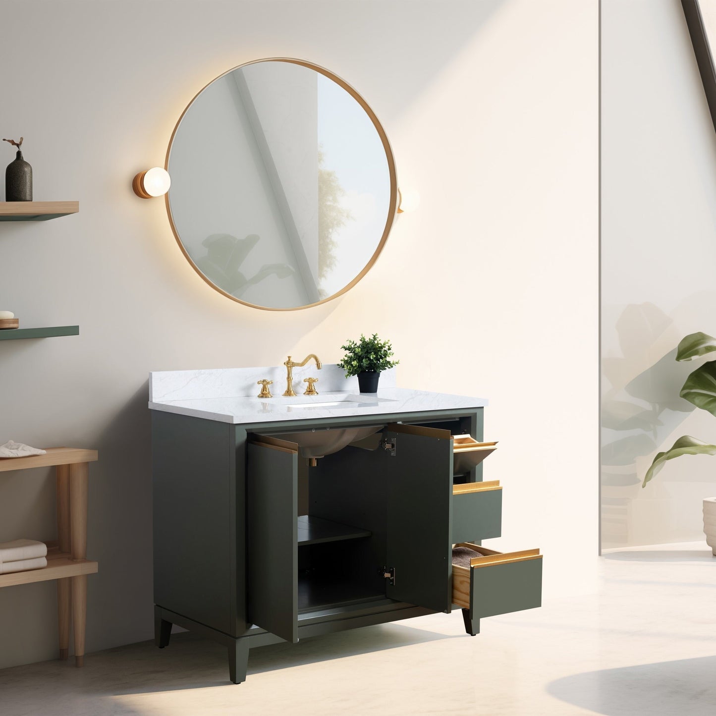 Meuble-lavabo Vanity Art avec lavabo en céramique et plan de travail en marbre composite.