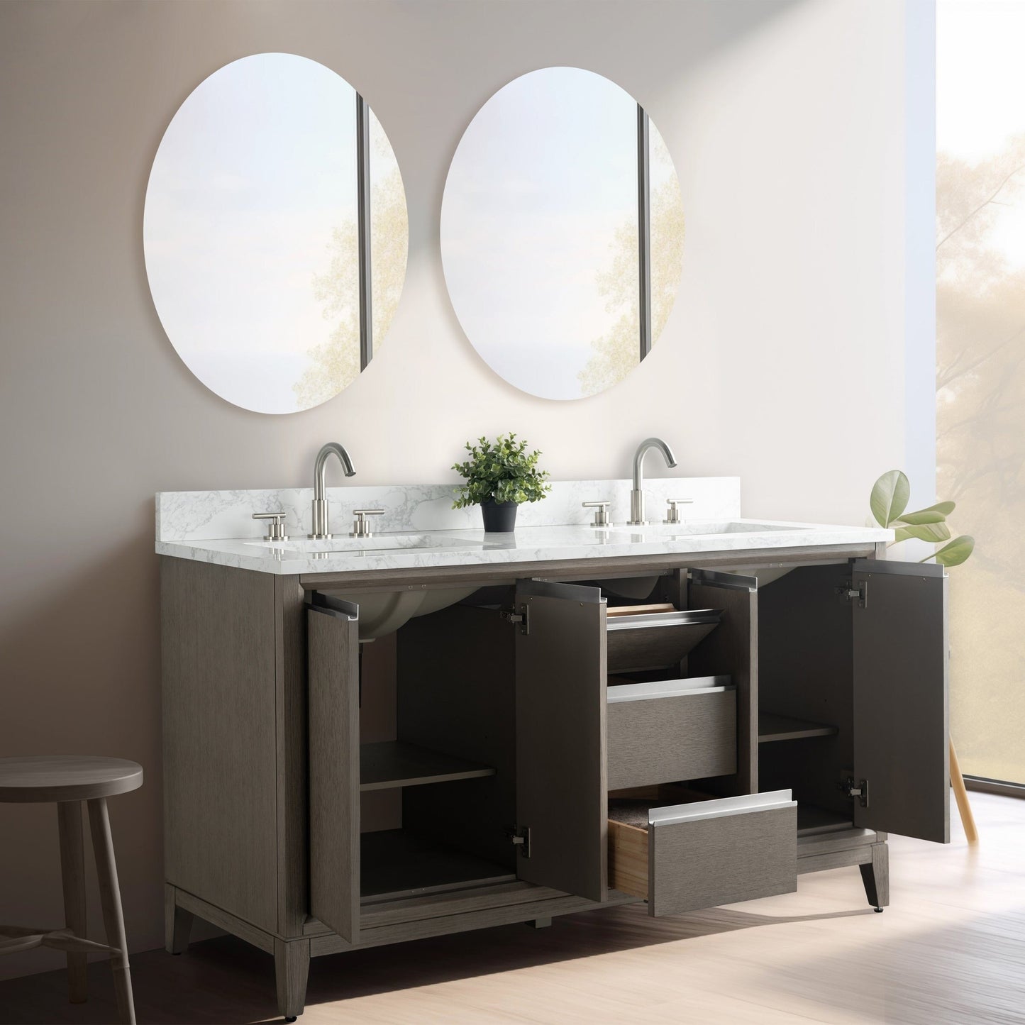 Meuble-lavabo Vanity Art avec lavabo en céramique et plan de travail en marbre composite.