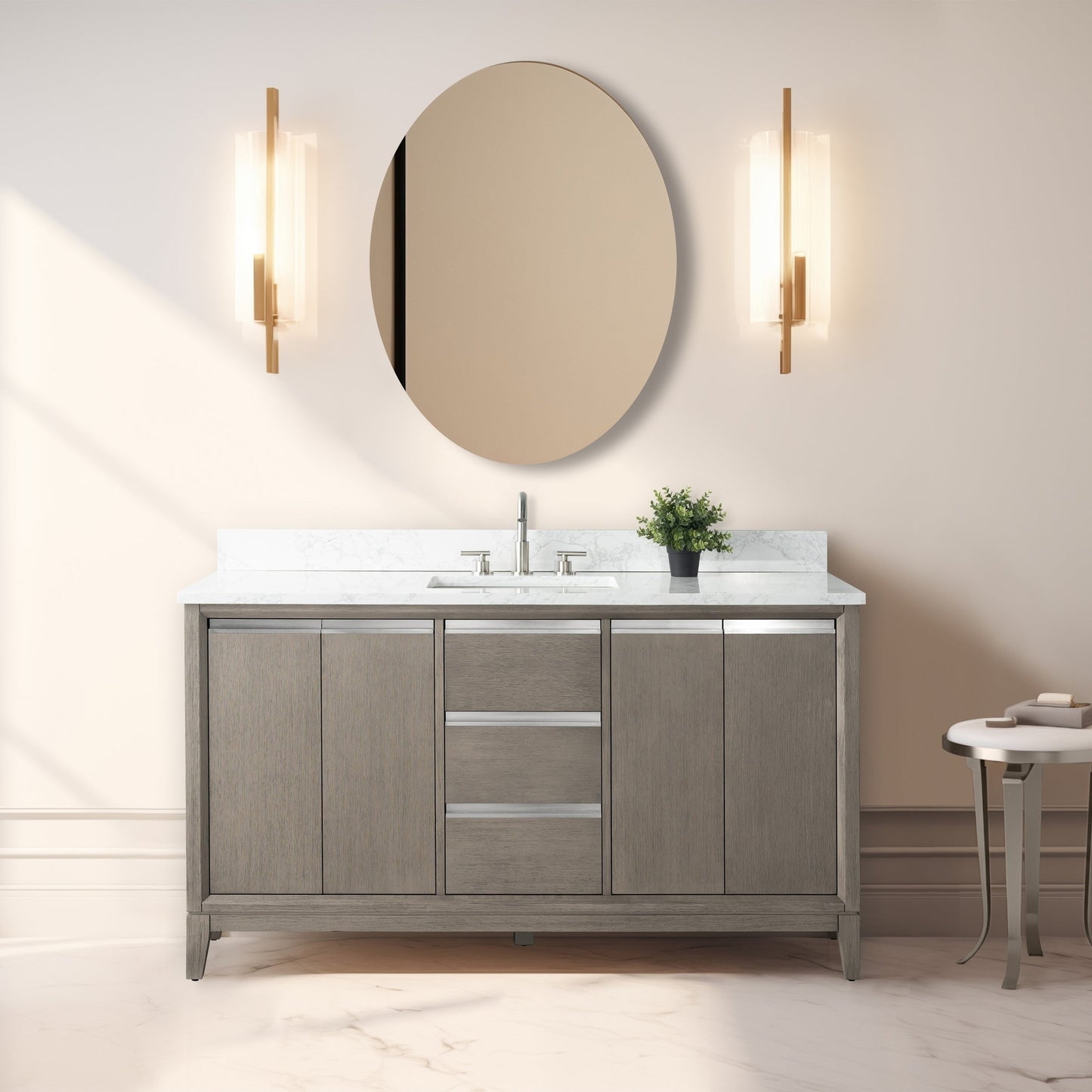 Meuble-lavabo Vanity Art avec lavabo en céramique et plan de travail en marbre composite.