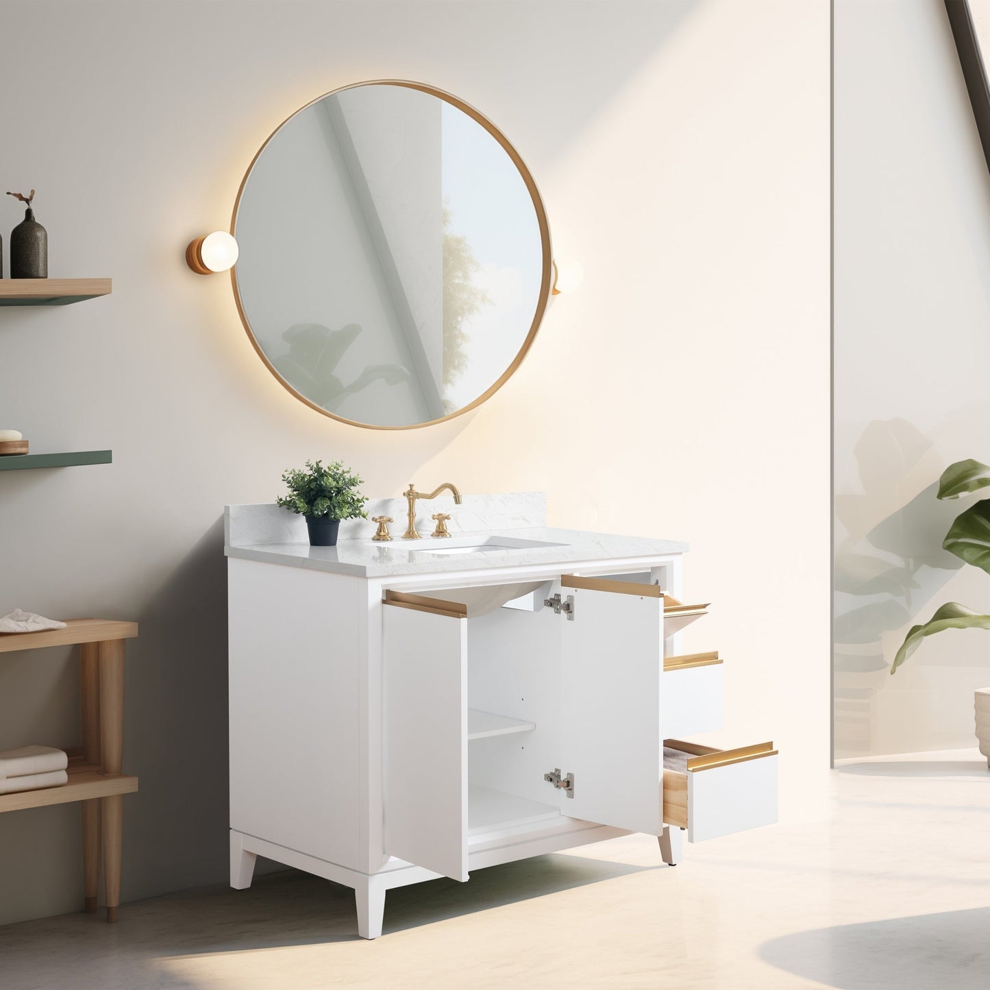 Meuble-lavabo Vanity Art avec lavabo en céramique et plan de travail en marbre composite.