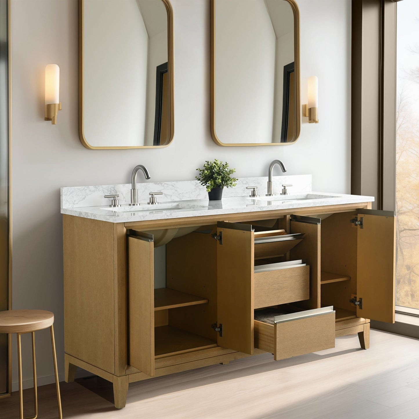 Meuble-lavabo Vanity Art avec lavabo en céramique et plan de travail en marbre composite.