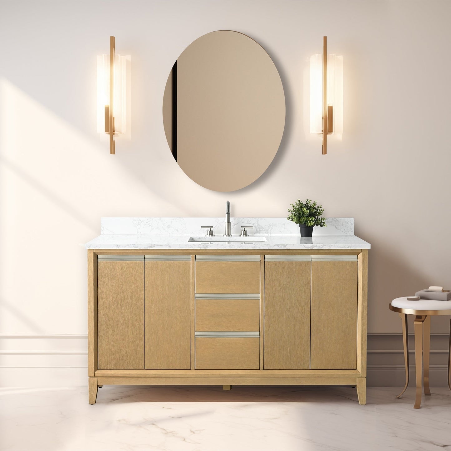 Meuble-lavabo Vanity Art avec lavabo en céramique et plan de travail en marbre composite.