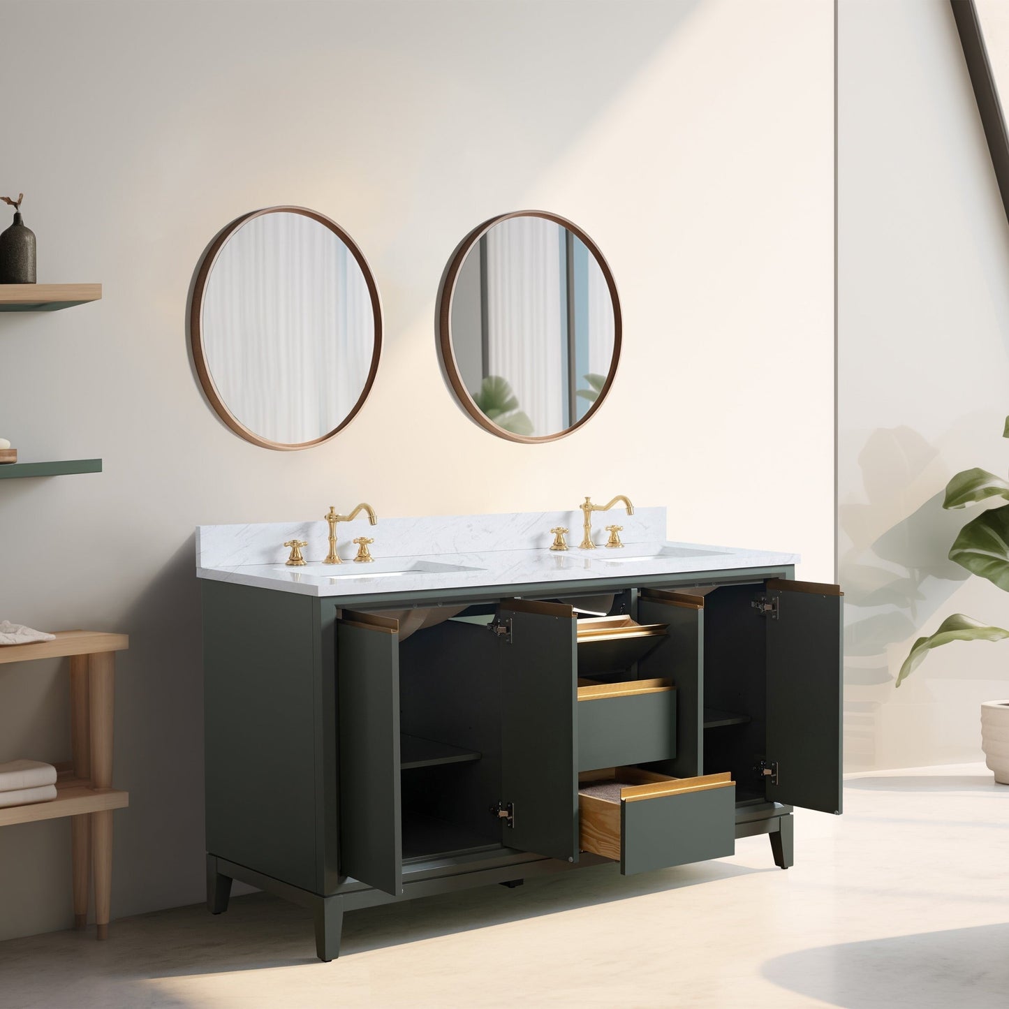 Meuble-lavabo Vanity Art avec lavabo en céramique et plan de travail en marbre composite.