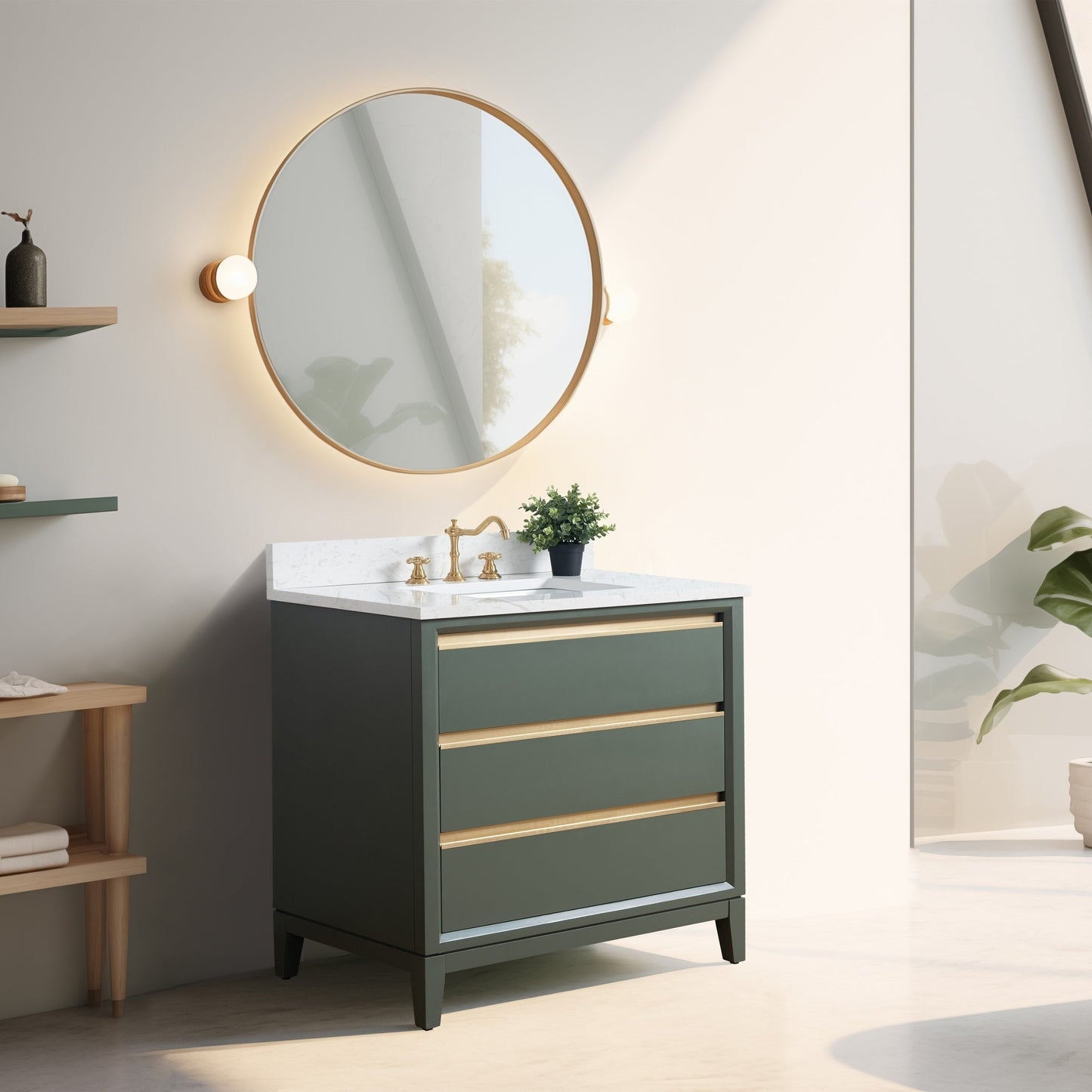 Meuble-lavabo Vanity Art avec lavabo en céramique et plan de travail en marbre composite.