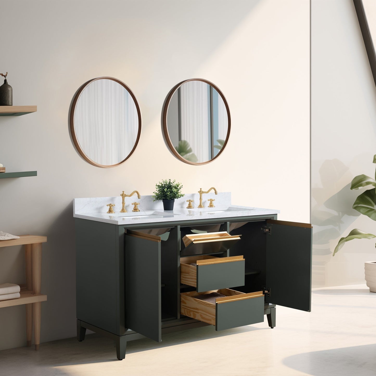 Meuble-lavabo Vanity Art avec lavabo en céramique et plan de travail en marbre composite.