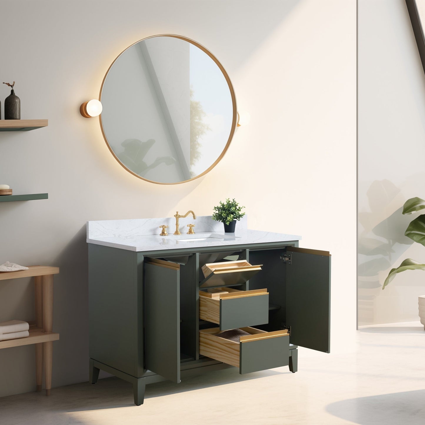 Meuble-lavabo Vanity Art avec lavabo en céramique et plan de travail en marbre composite.