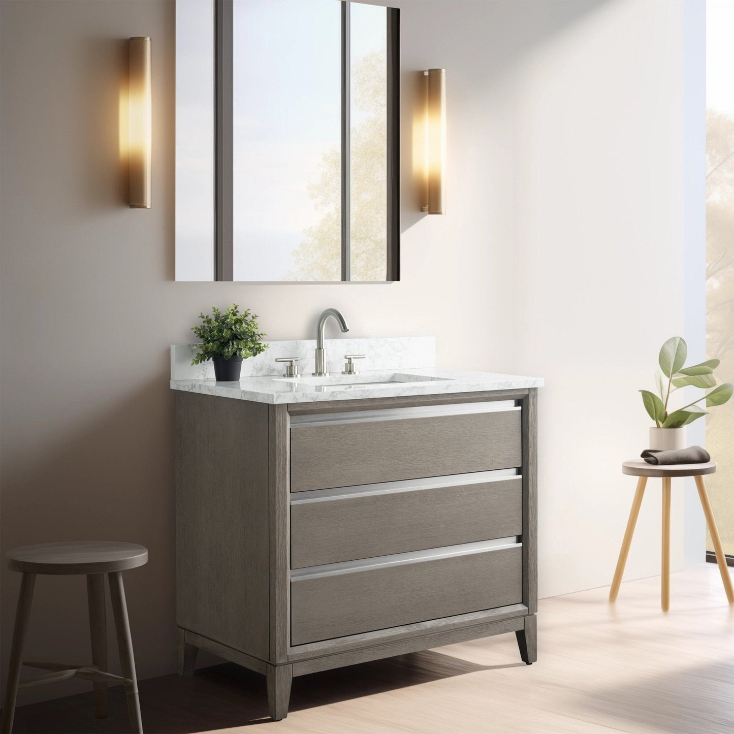 Meuble-lavabo Vanity Art avec lavabo en céramique et plan de travail en marbre composite.