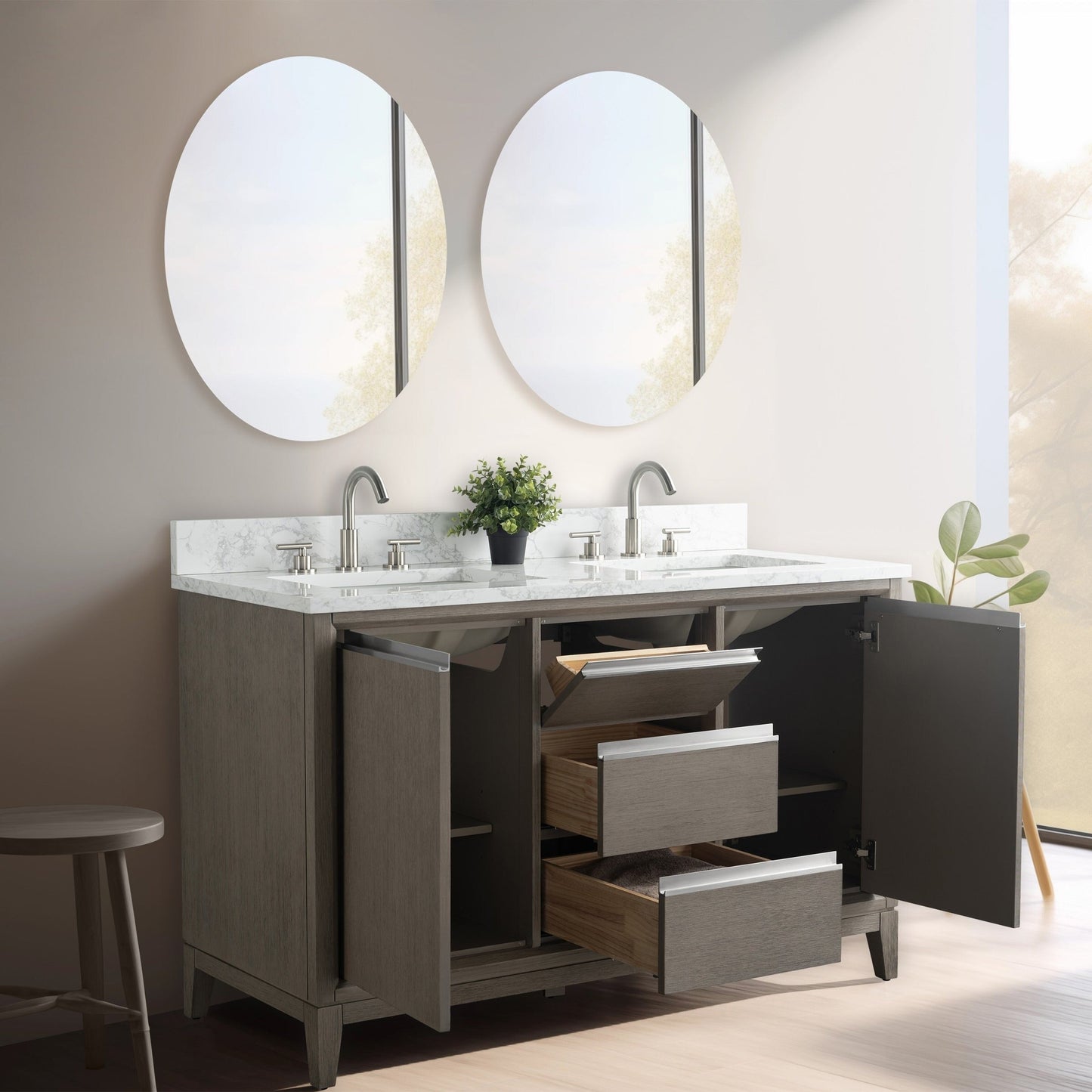 Meuble-lavabo Vanity Art avec lavabo en céramique et plan de travail en marbre composite.