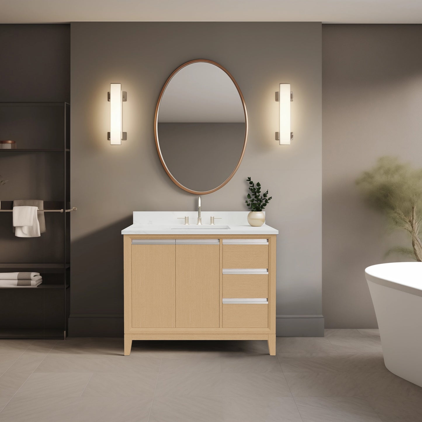 Meuble-lavabo Vanity Art avec lavabo en céramique et plan de travail en marbre composite.