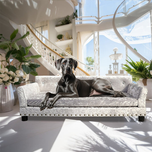 Couchon pour animal de compagnie en velours capitonné, recouvert de tissu et doté d'un coussin amovible.