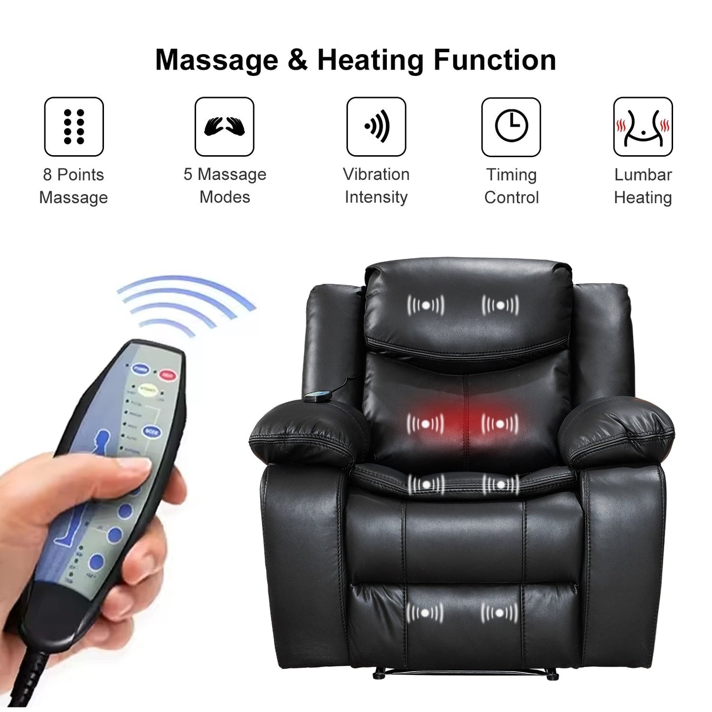 Fauteuil inclinable large en cuir durable avec massage et chauffage.