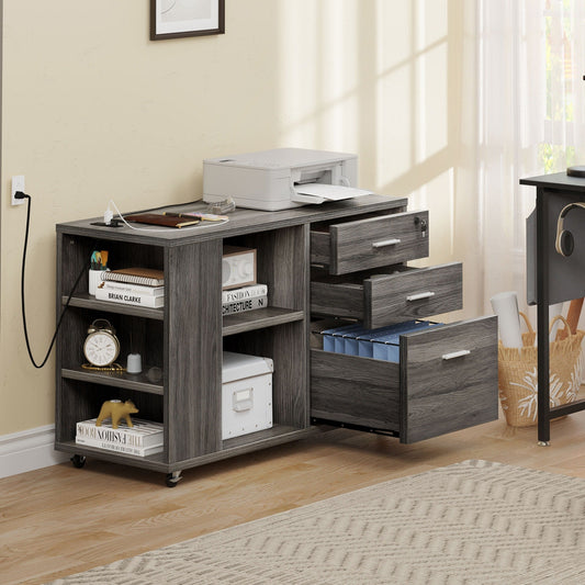 Meuble de rangement en bois avec station de recharge, classeur latéral mobile, verrouillable, compatible avec les dossiers A4, lettres et documents légaux.