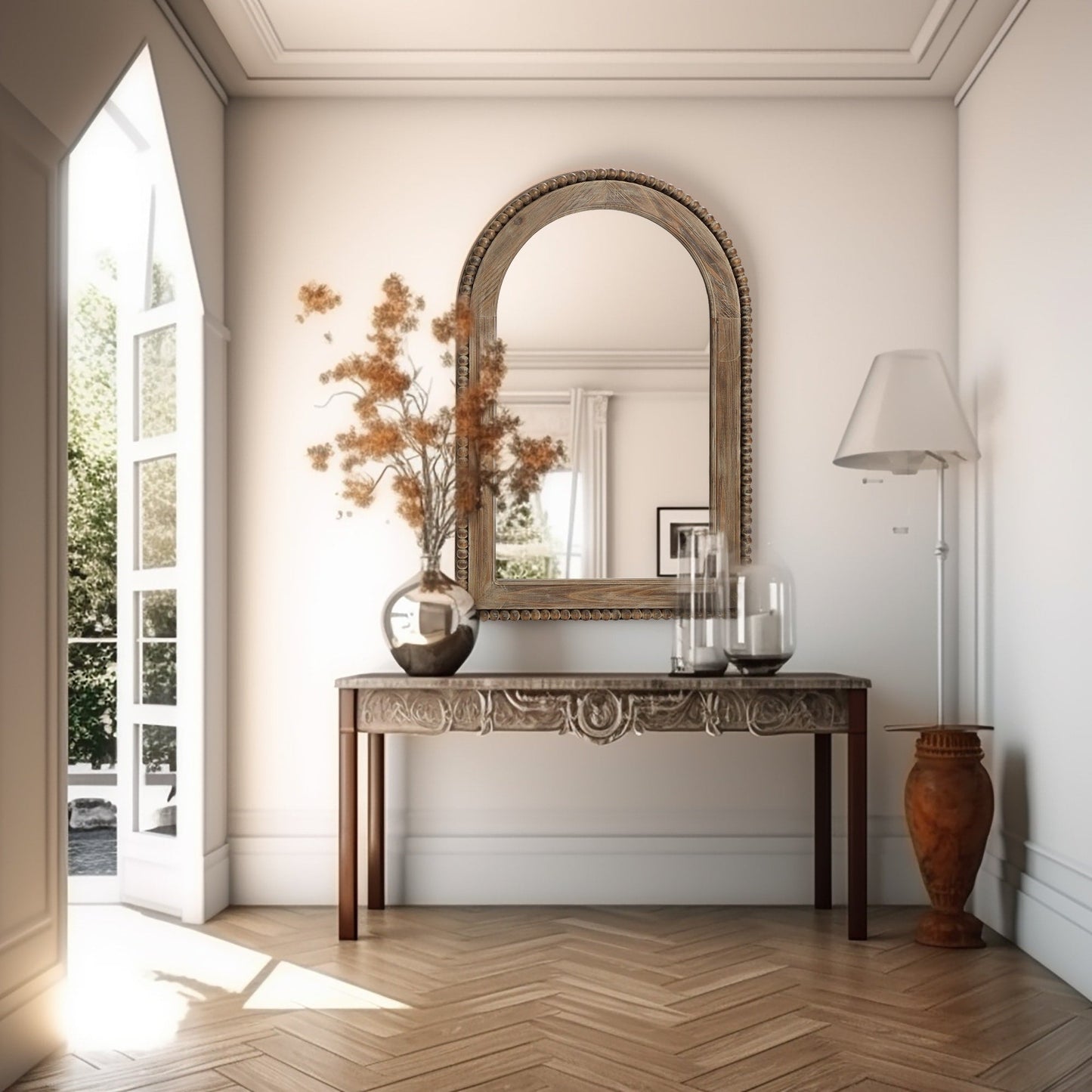 Miroir mural à cadre en bois en forme d'arche, miroir mural de salle de bain - 39,25 H x 25,87 L x 1,5 P