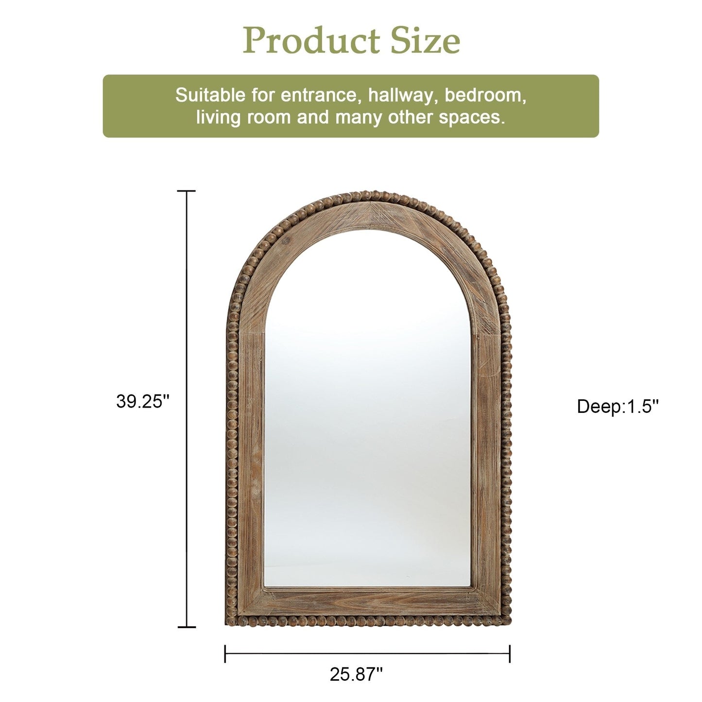 Miroir mural à cadre en bois en forme d'arche, miroir mural de salle de bain - 39,25 H x 25,87 L x 1,5 P