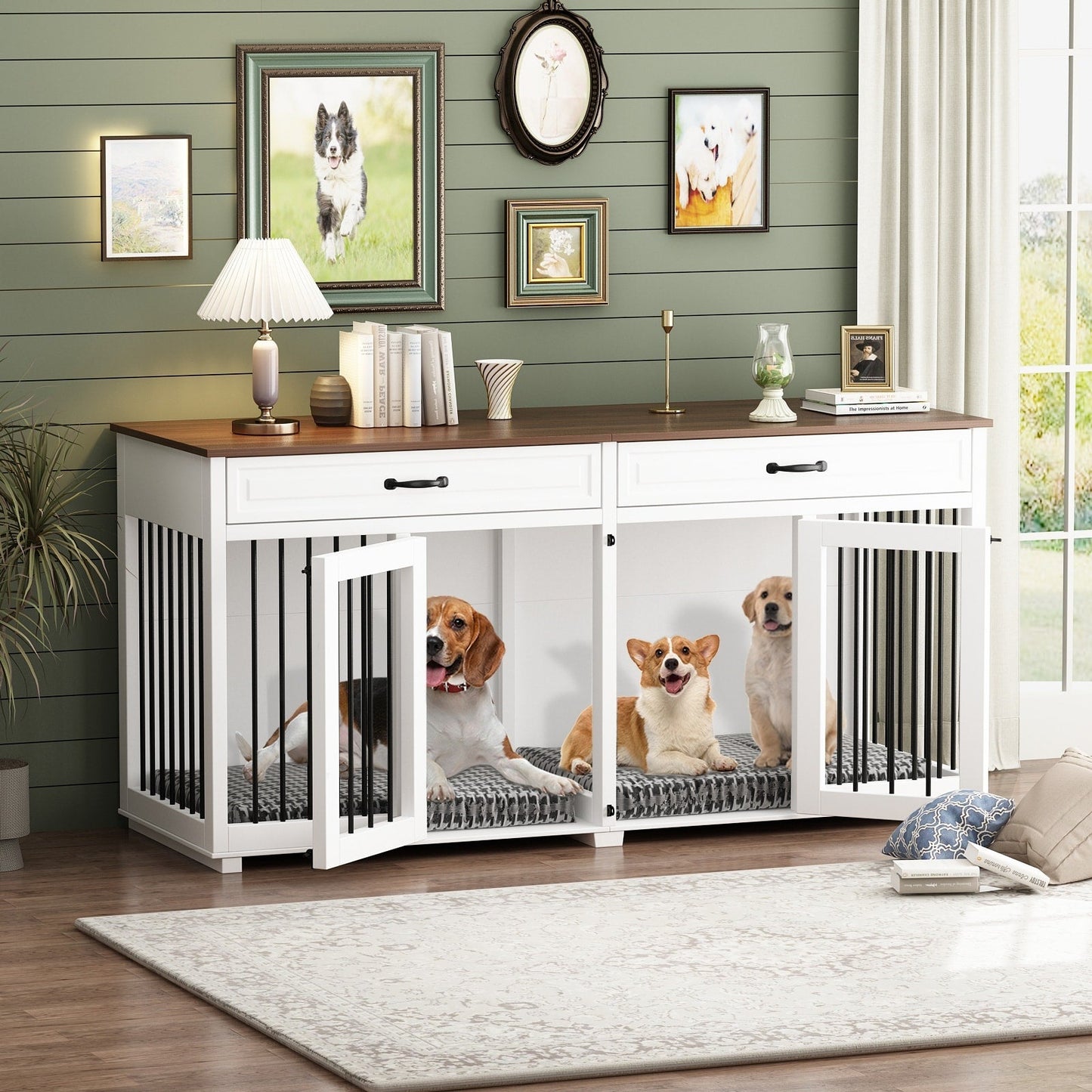 Meuble en bois pour chenil double pour chien avec 2 tiroirs et séparateur