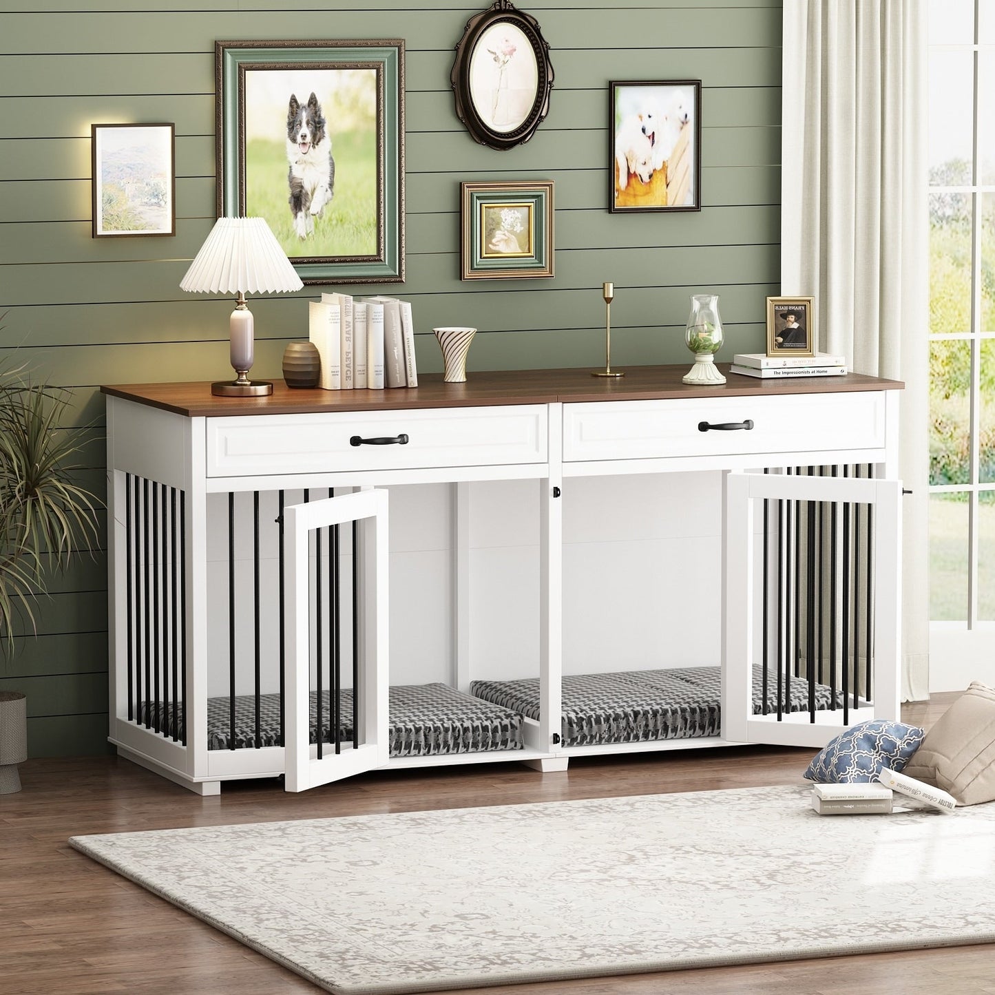 Meuble en bois pour chenil double pour chien avec 2 tiroirs et séparateur