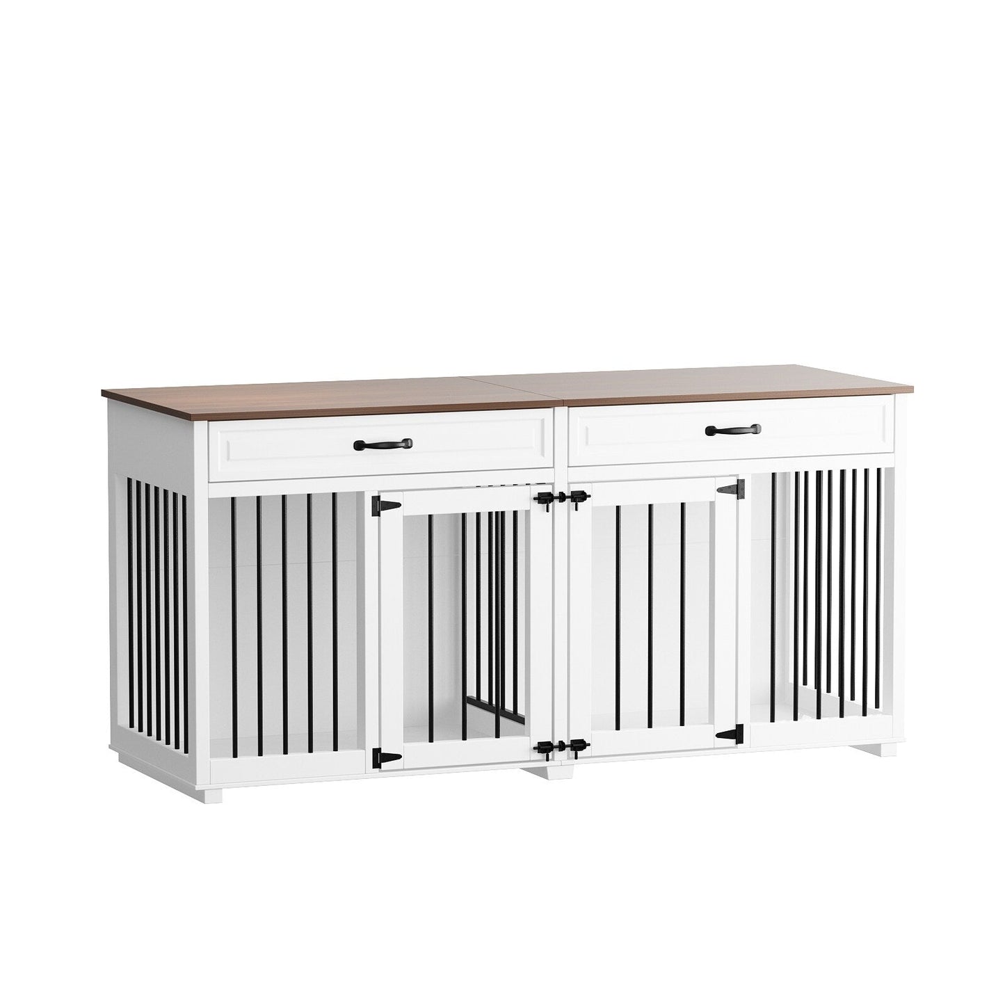 Meuble en bois pour chenil double pour chien avec 2 tiroirs et séparateur