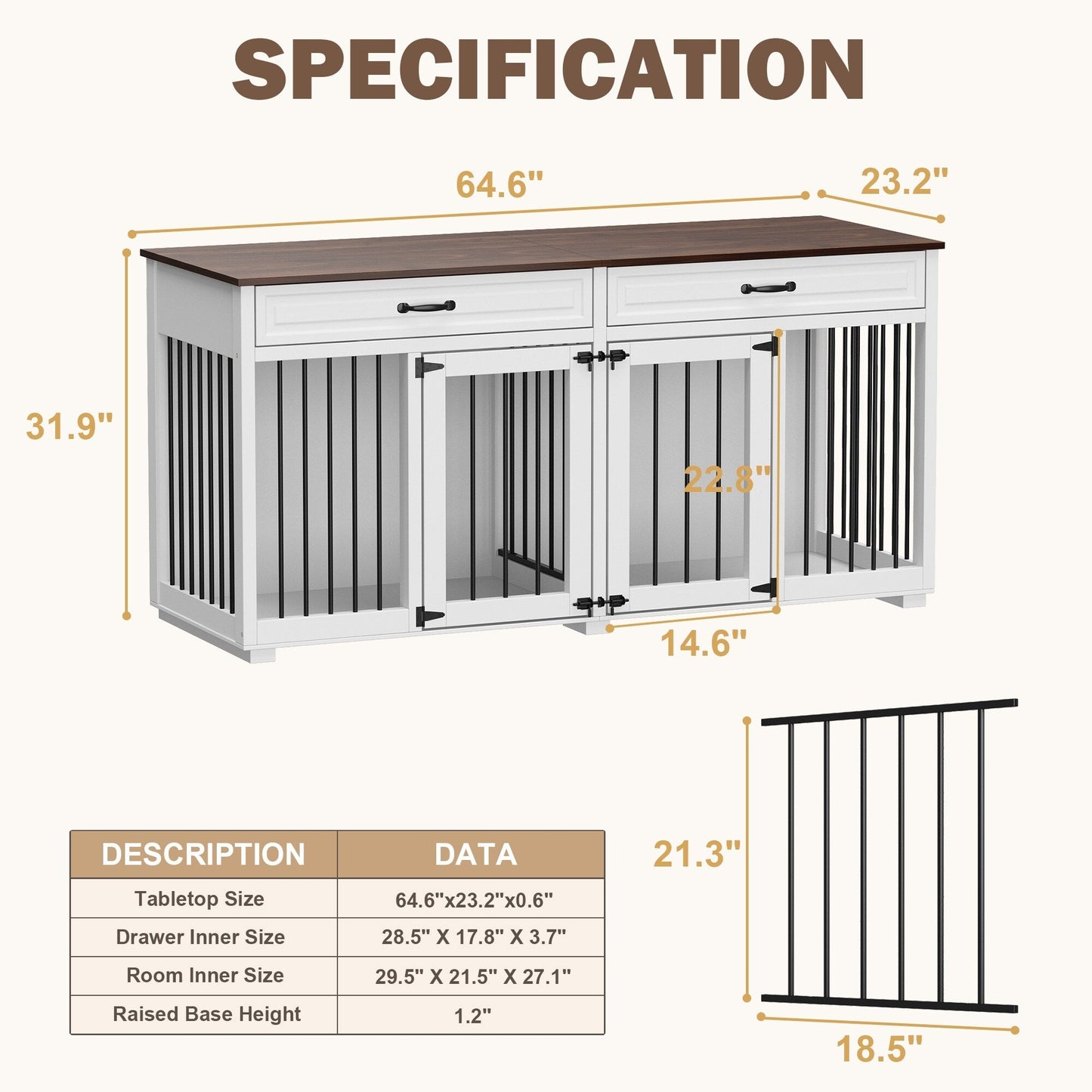 Meuble en bois pour chenil double pour chien avec 2 tiroirs et séparateur