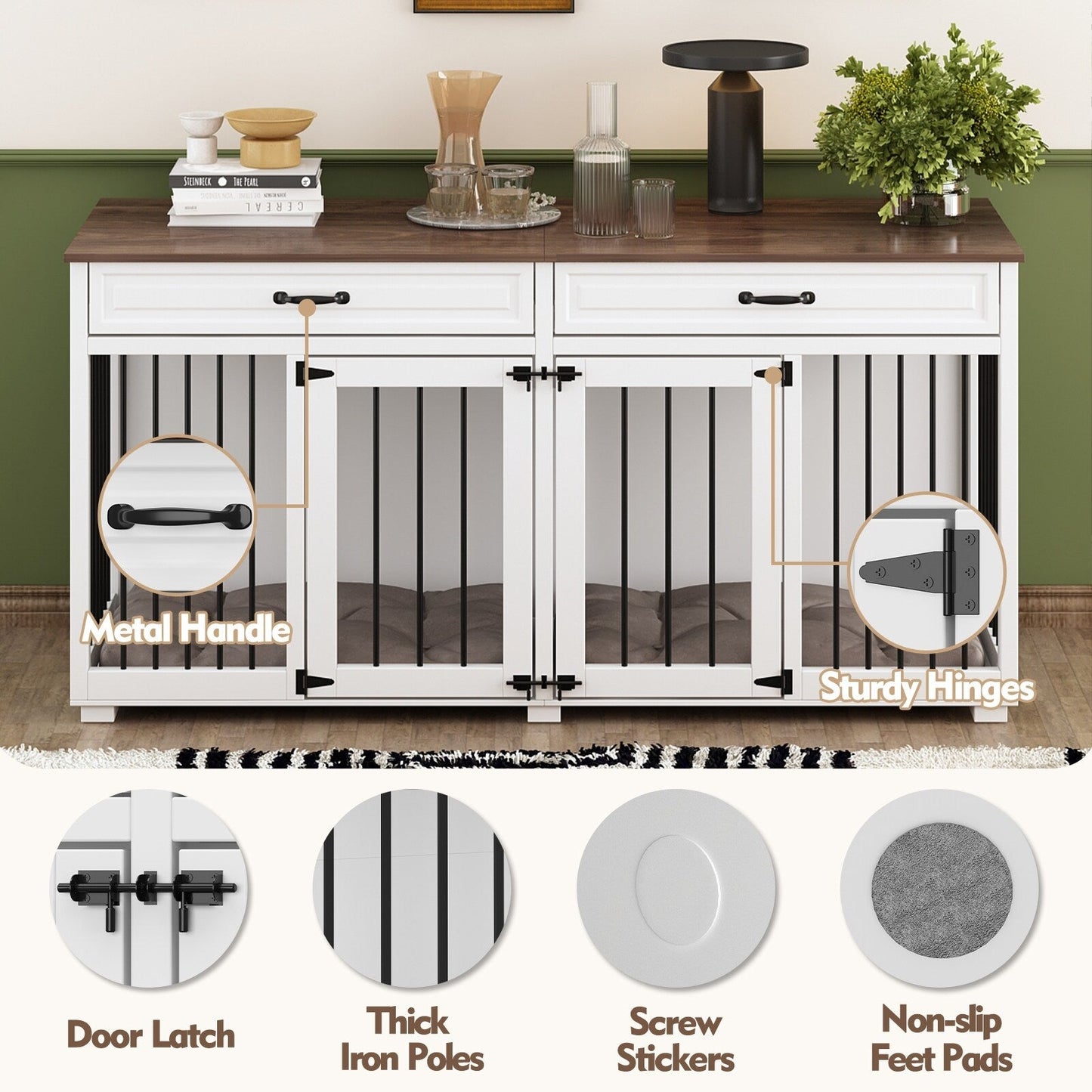 Meuble en bois pour chenil double pour chien avec 2 tiroirs et séparateur