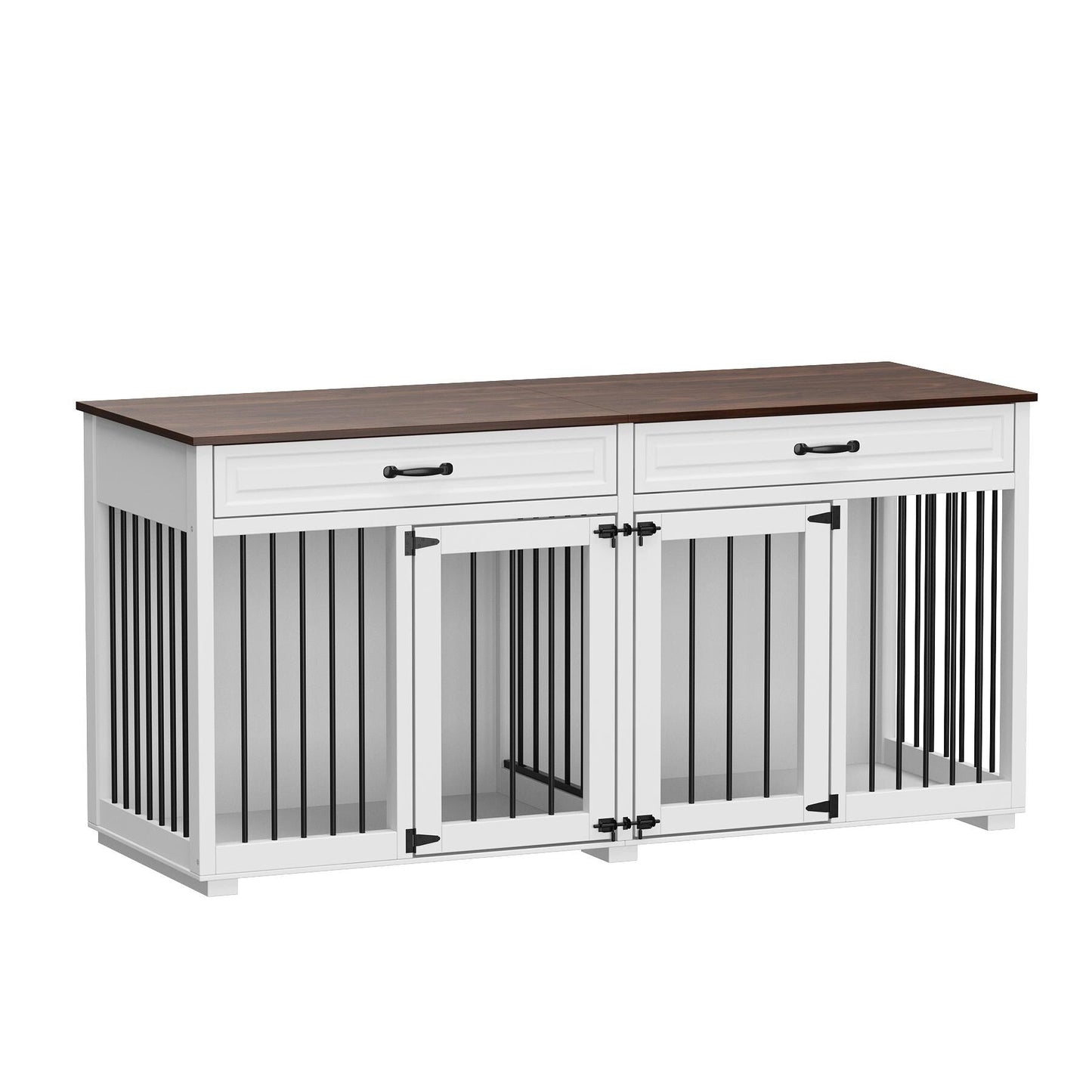 Meuble en bois pour chenil double pour chien avec 2 tiroirs et séparateur