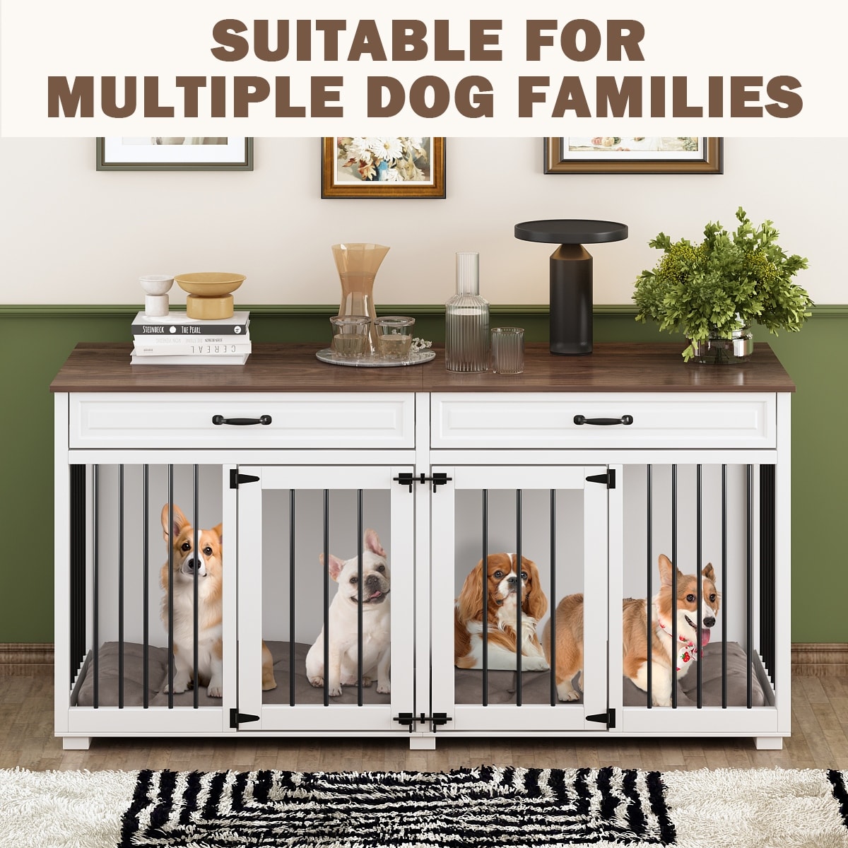 Meuble en bois pour chenil double pour chien avec 2 tiroirs et séparateur