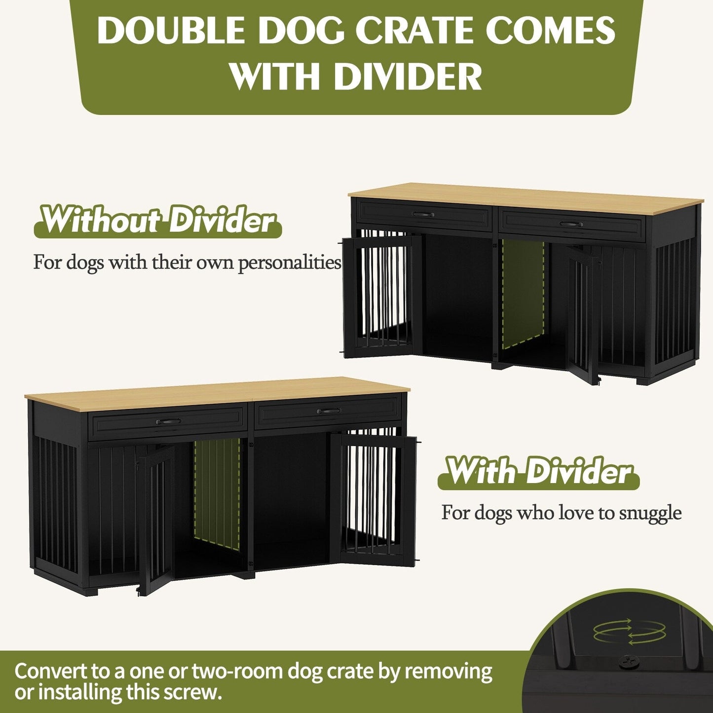 Meuble en bois pour chenil double pour chien avec 2 tiroirs et séparateur