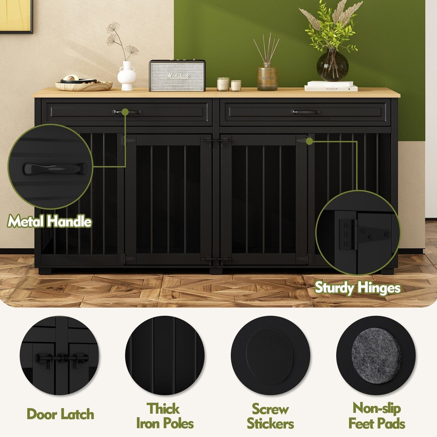 Meuble en bois pour chenil double pour chien avec 2 tiroirs et séparateur