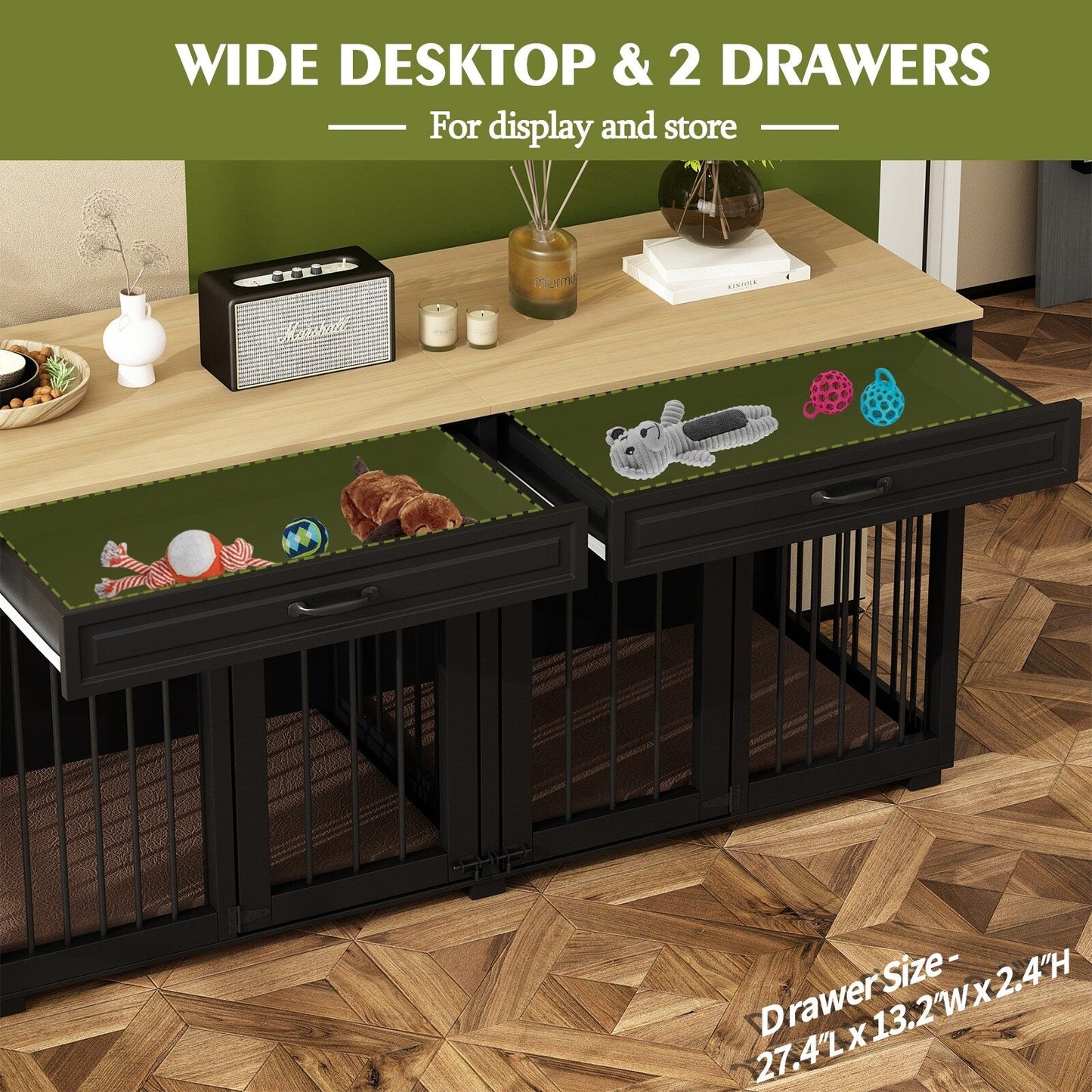 Meuble en bois pour chenil double pour chien avec 2 tiroirs et séparateur