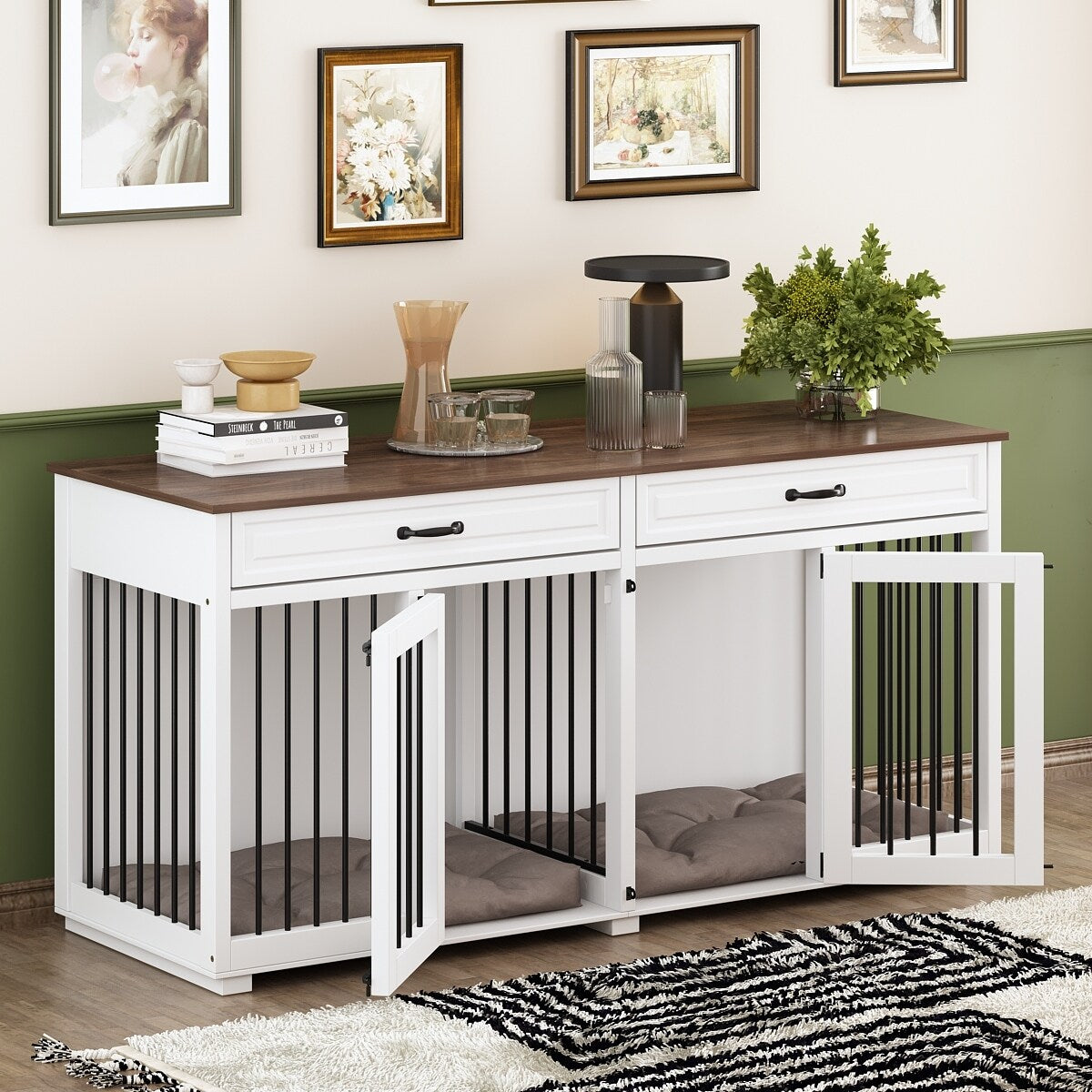 Meuble en bois pour chenil double pour chien avec 2 tiroirs et séparateur
