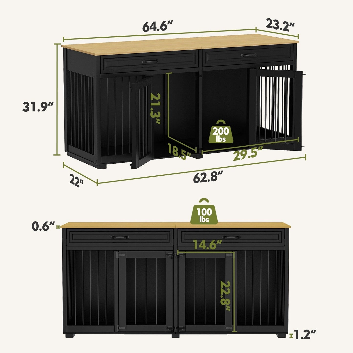Meuble en bois pour chenil double pour chien avec 2 tiroirs et séparateur