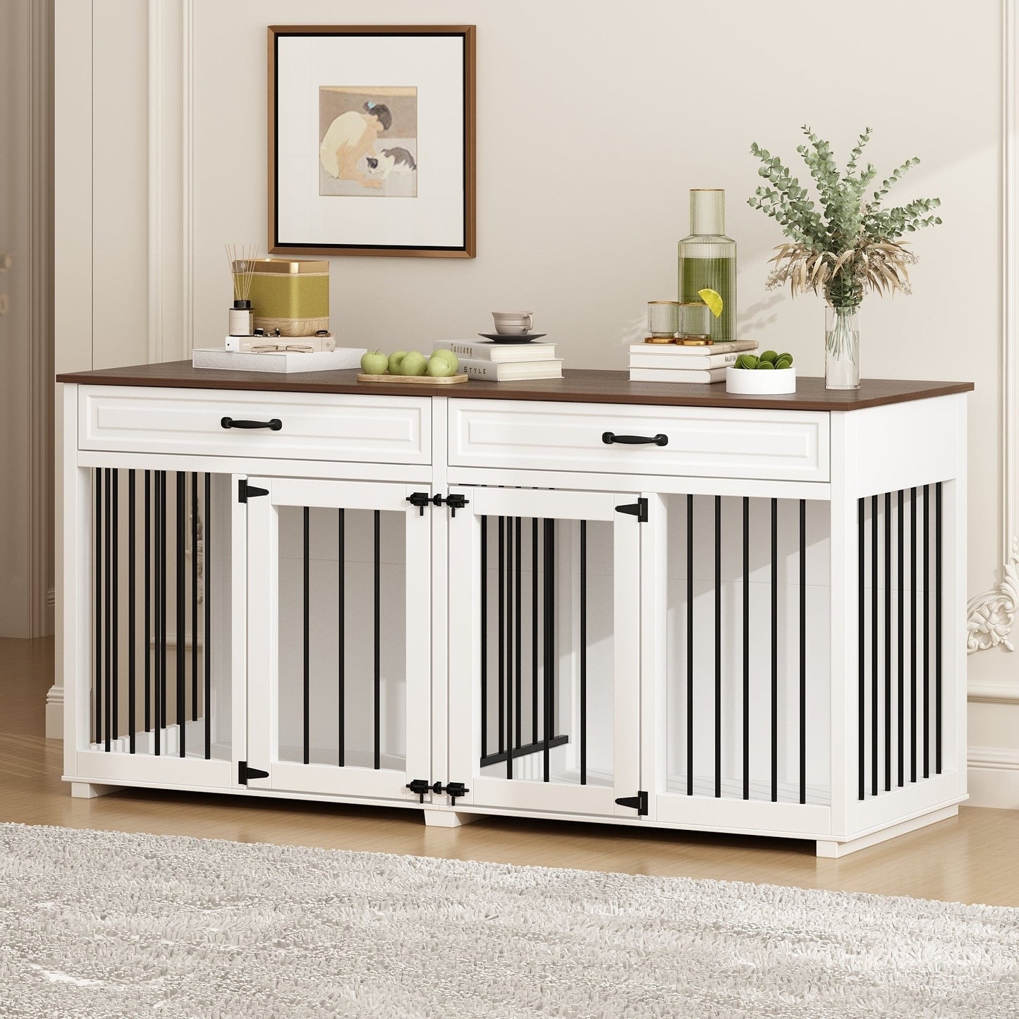Meuble en bois pour chenil double pour chien avec 2 tiroirs et séparateur
