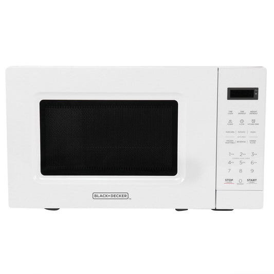 Four à micro-ondes numérique LED blanc de 0,7 pi³ et 700 W avec verrouillage de sécurité enfant.