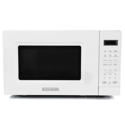 Four à micro-ondes numérique LED blanc de 0,7 pi³ et 700 W avec verrouillage de sécurité enfant.