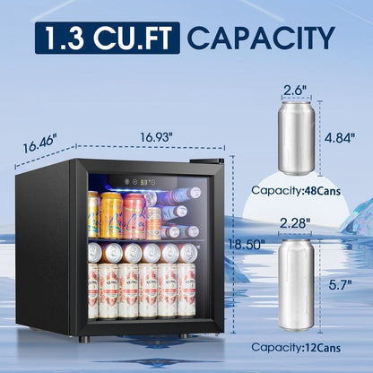 Réfrigérateur à boissons de 1,3 pi³ - Mini réfrigérateur à porte vitrée, capacité de 48 canettes ou 12 bouteilles, contrôle électronique tactile