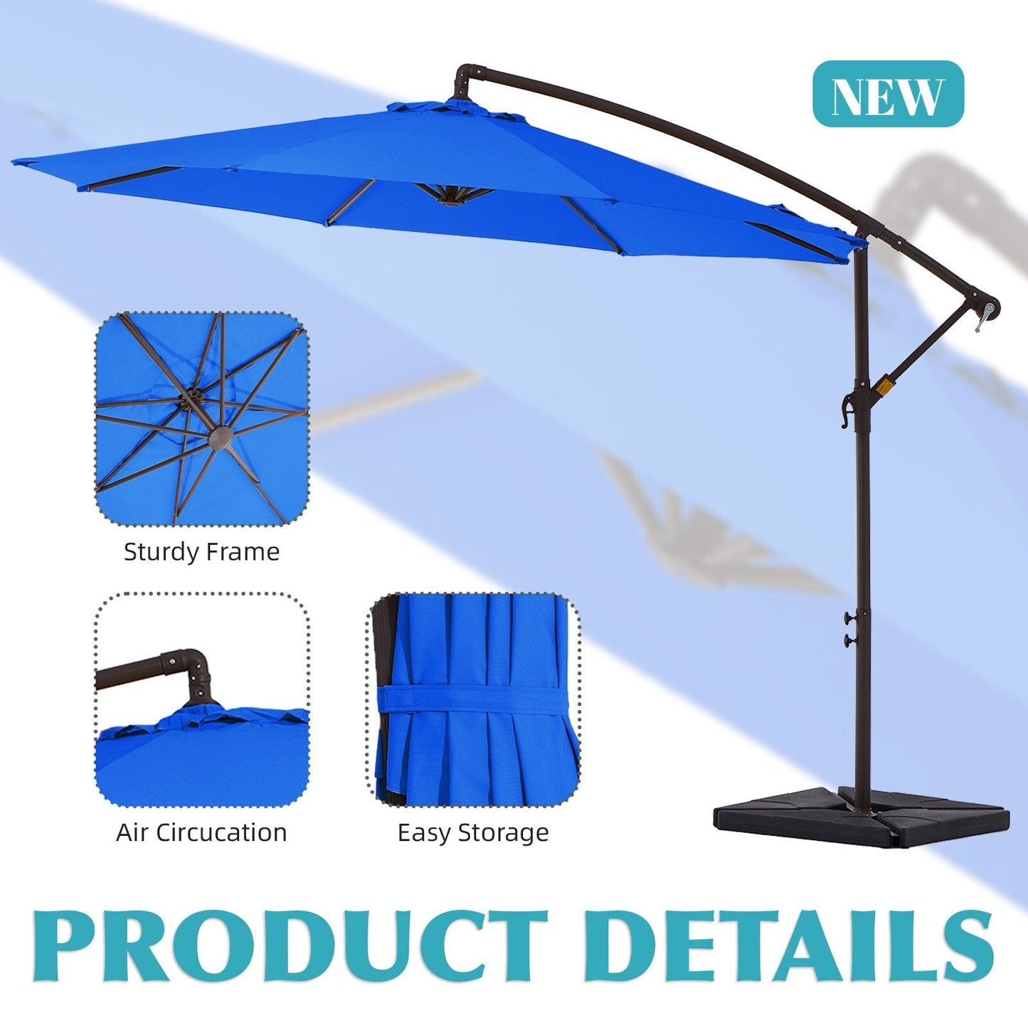Parasol cantilever en acier de 3 m avec levier de manivelle et base lestée