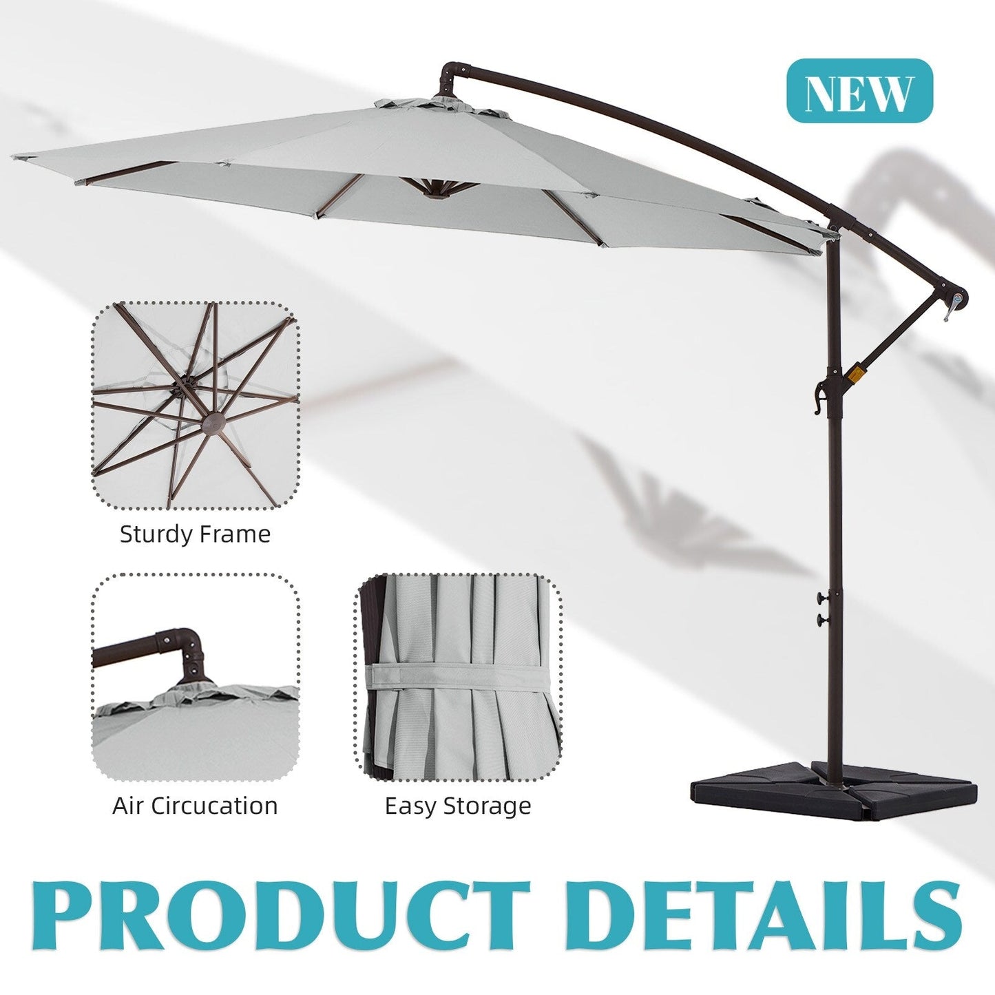 Parasol cantilever en acier de 3 m avec levier de manivelle et base lestée