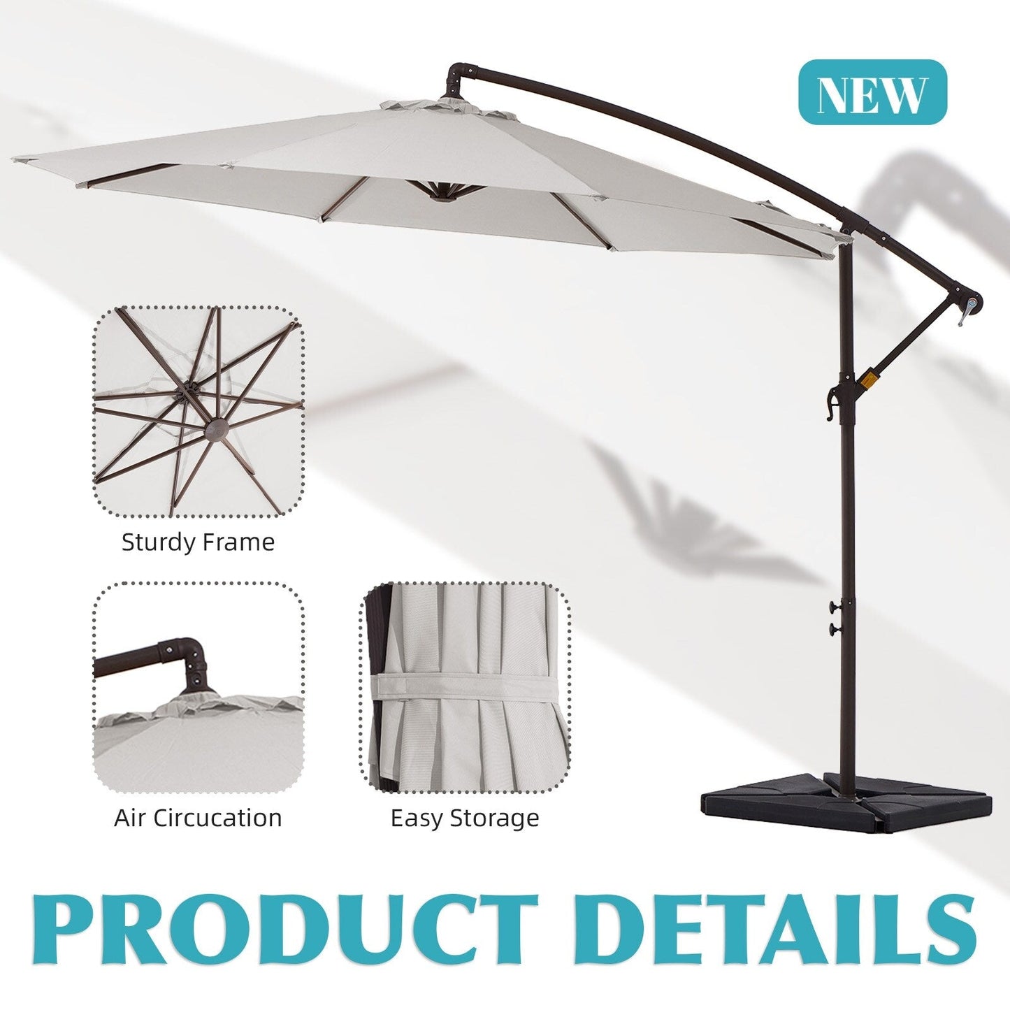Parasol cantilever en acier de 3 m avec levier de manivelle et base lestée