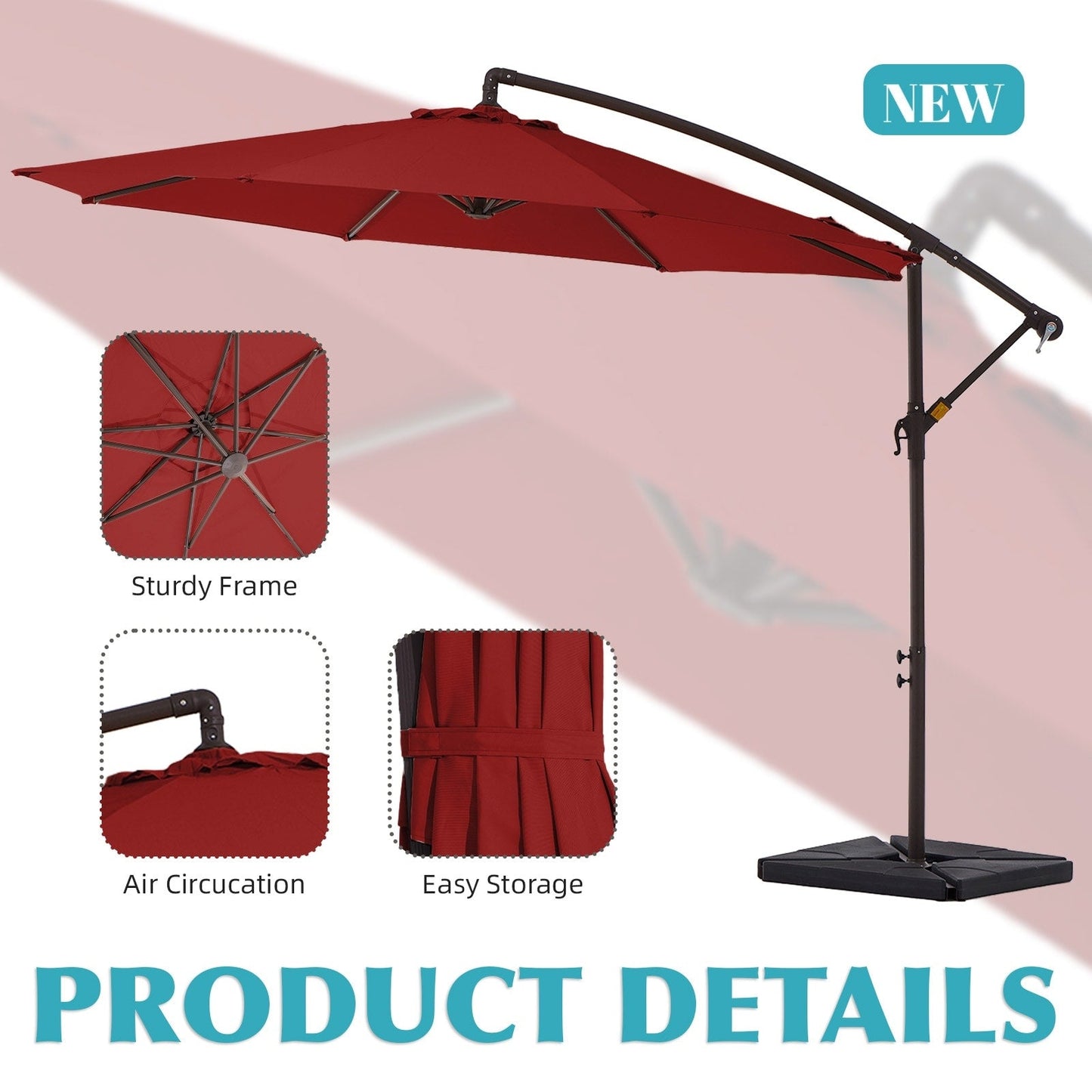 Parasol cantilever en acier de 3 m avec levier de manivelle et base lestée
