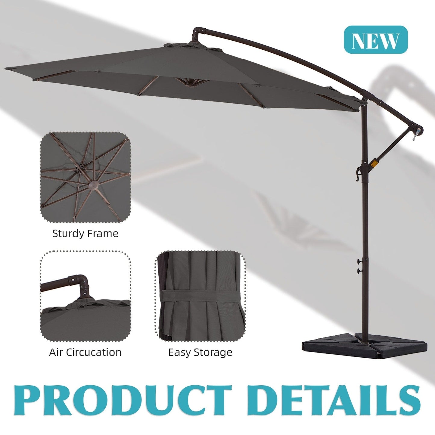 Parasol cantilever en acier de 3 m avec levier de manivelle et base lestée